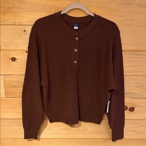 Old Navy Dark Brown Henley Waffle-Knit Crewneck Sweater